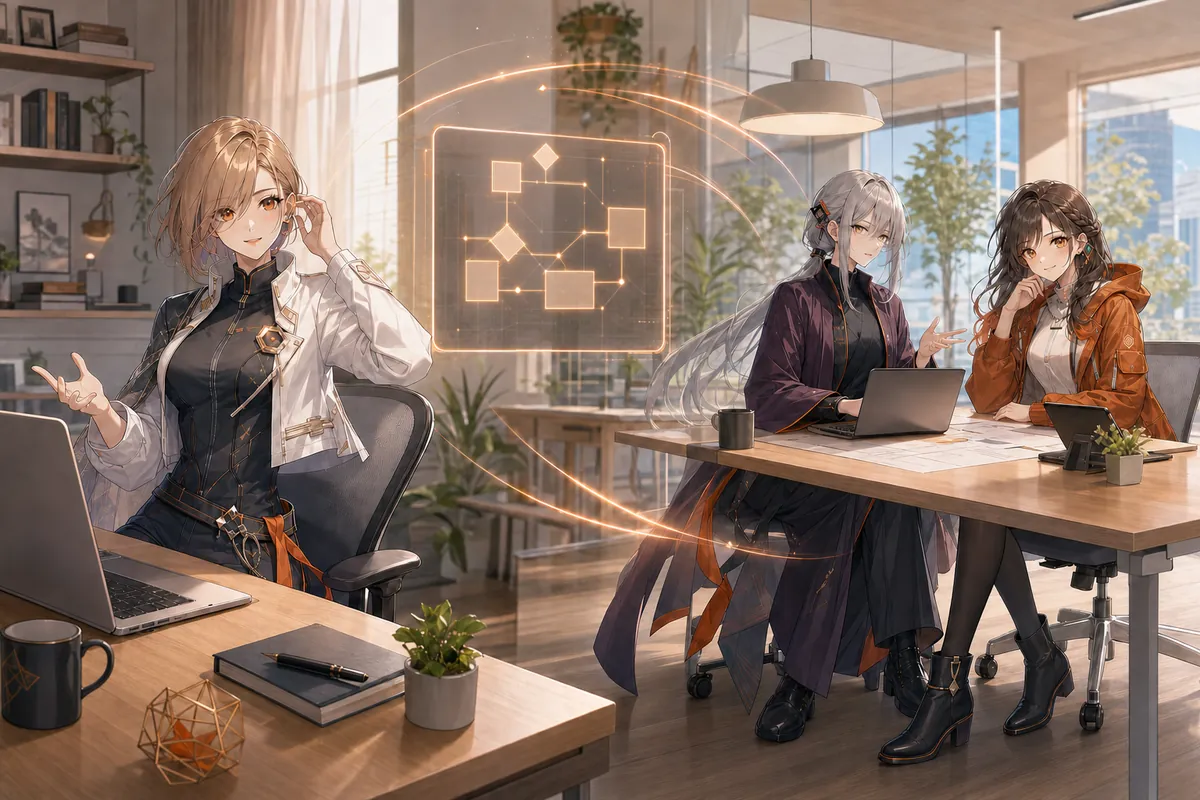 CoconutWorksのオリジナルキャラクター3人が、明るいオフィスで協働するイラスト