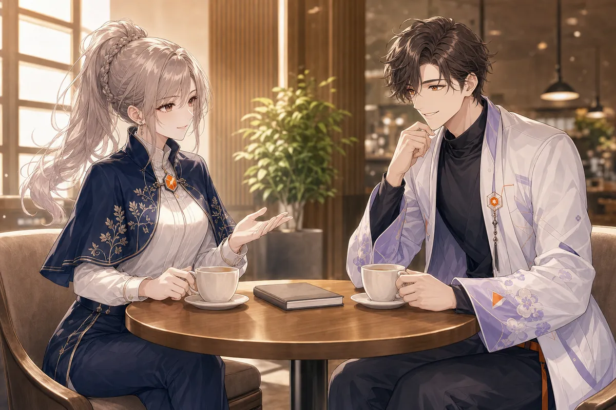 CoconutWorksのオリジナルキャラクター2人が、カフェでカジュアル面談をするイラスト