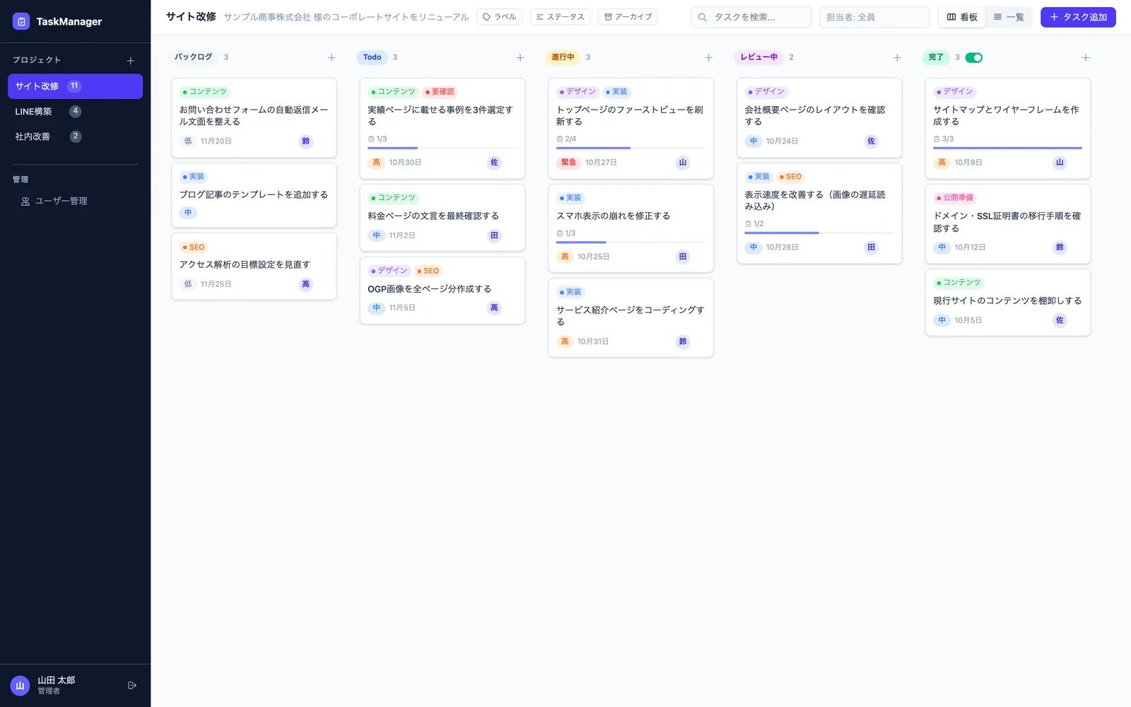 カンバンボード。バックログ、Todo、進行中、レビュー中、完了の5列にタスクカードが並ぶ